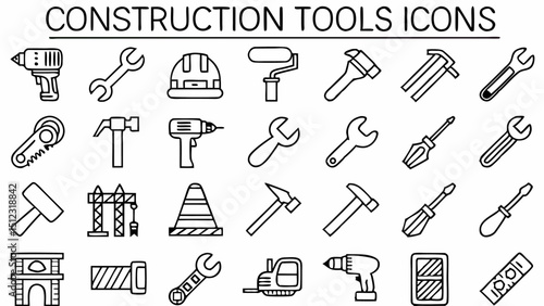 Illustration of various construction tools including wrenches, hammers, drills, and safety equipment icons |eps vectors