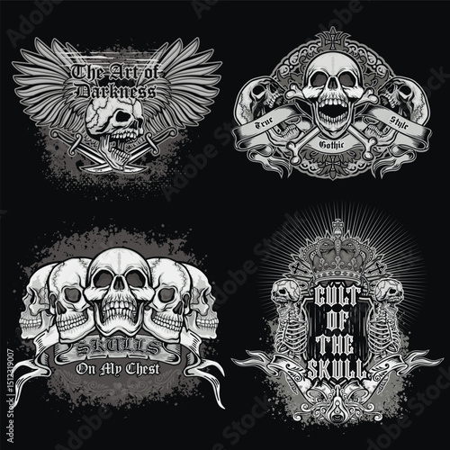 set, gothic sign with skull, grunge vintage design t shirts
