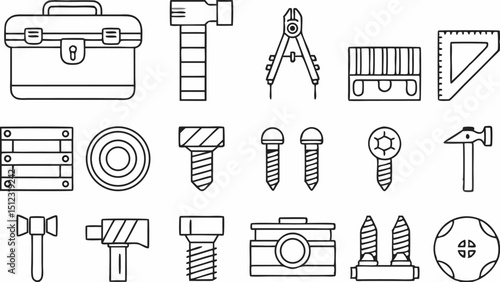Illustration of a toolbox, hammer, compass, and various screws and tools in a line art style |eps vectors
