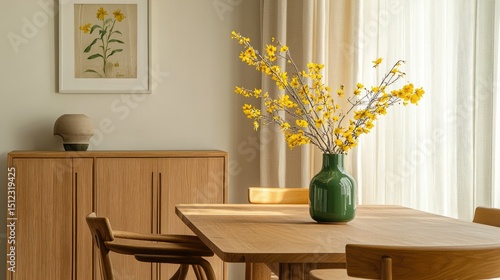 Neutral-toned dining room with minimalist lines, warm wood furniture, and a vibrant green vase filled with yellow spring flowers