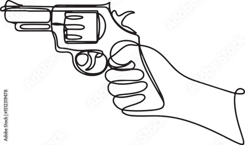 Revolver gun drawn in continuous one line art style with minimalist black outline on white background

