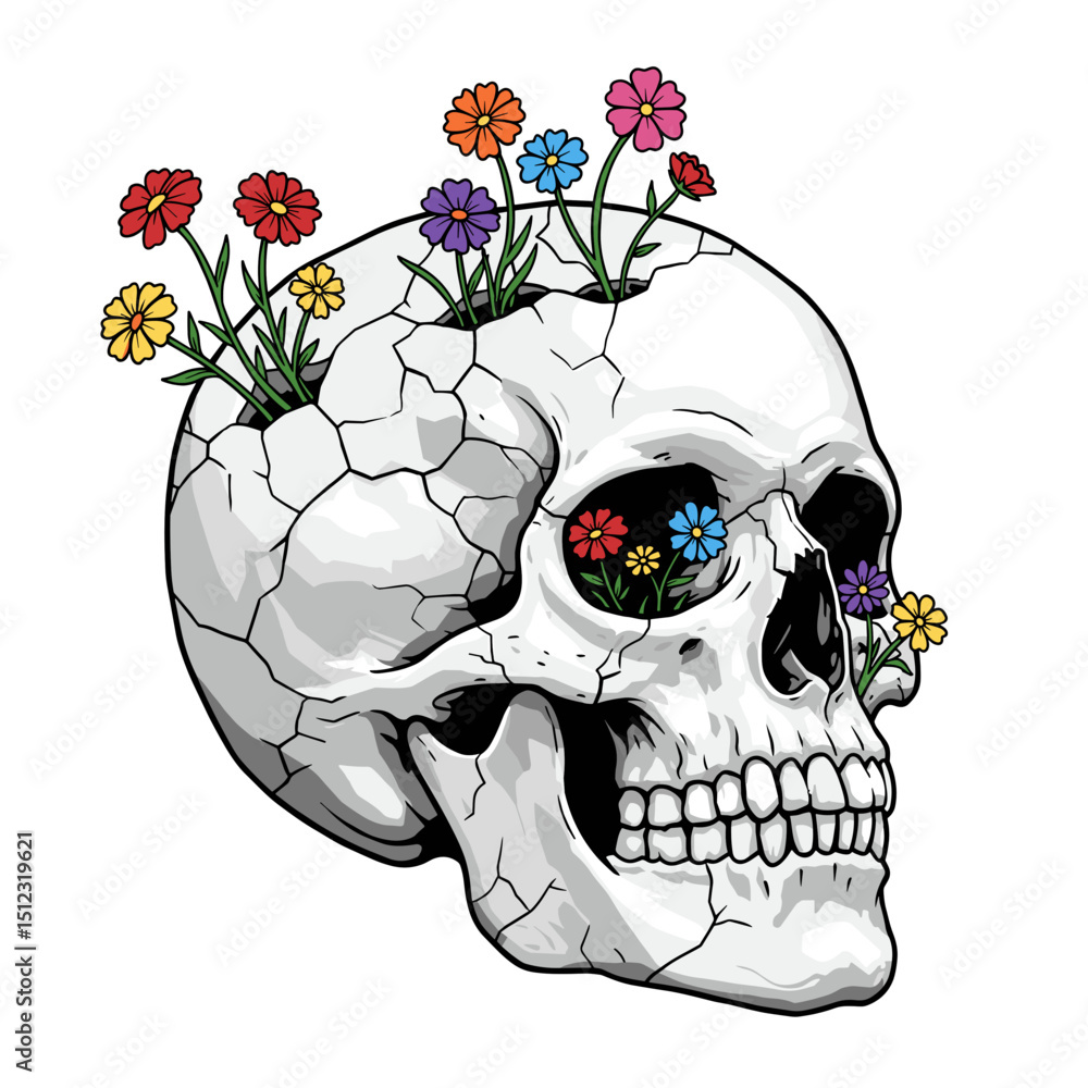 Cracked Skull with Colorful Flowers – Vector Illustration