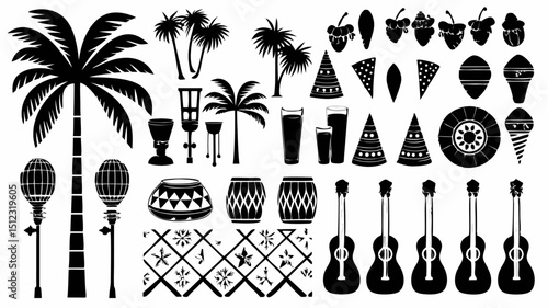 Illustration of tropical elements including palm trees, ukuleles, drums, and tiki torches in black and white |eps vectors