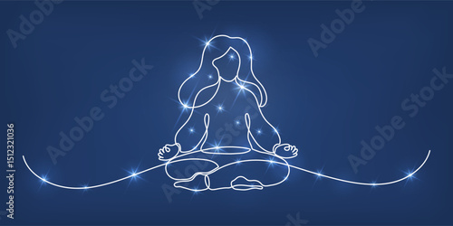 Shining woman meditating in lotus pose. Continuous line drawing on blue background. Yoga, mindfulness, relax concept doodle illustration.
