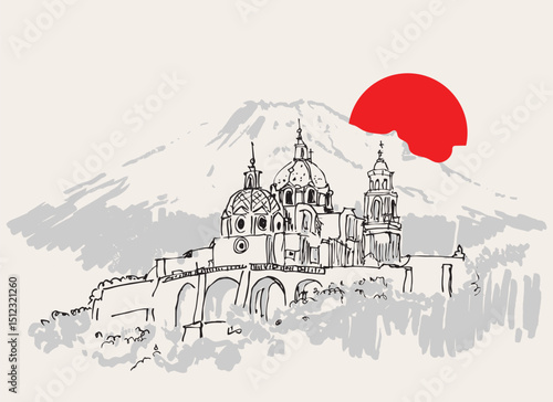 Drawing sketch illustration of Iglesia de Nuestra Senora de los Remedios, Puebla, Mexico
