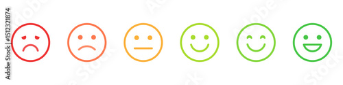Feedback emoji icons vector. good and bad emoticon signs - Happy and Sad reaction. 6 Color faces, Smiley rating icon set , happy, neutral, sad, emojis. Vector illustration
