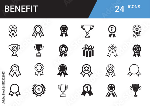 Benefit Icon Set: A comprehensive collection of twenty-four monochrome icons, including awards, trophies, and gift boxes, that represent a variety of benefits.
