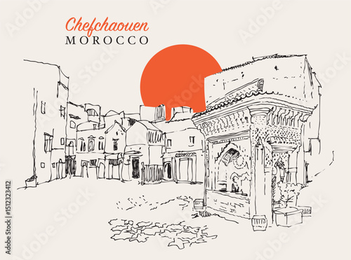 Drawing sketch illustration of Chefchaouen or Chaouen in Morocco