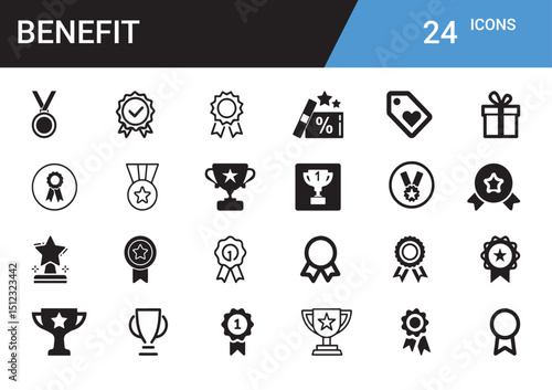 Benefit Icons: A comprehensive collection of minimalistic icons representing various rewards and achievements, perfect for conveying concepts of recognition and incentive.