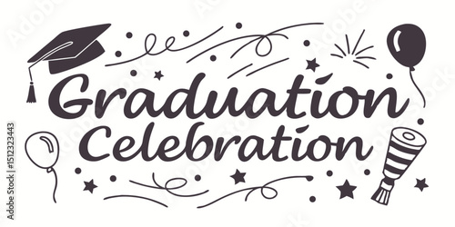 Graduation greeting lettering sign with square academic caps high into the air. Vector design for grad, congratulation ceremony, invitation card, banner. Grads symbol for university, high school 
