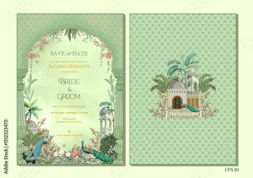 Mughal wedding invitation floral motifs, royal arches, peacocks, and traditional palace architecture a soft green background. Vector Illustration