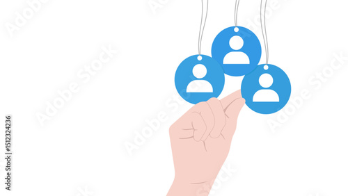 Illustration of a hand choosing one of several hanging blue user icons, representing candidate selection or recruitment on a white background.