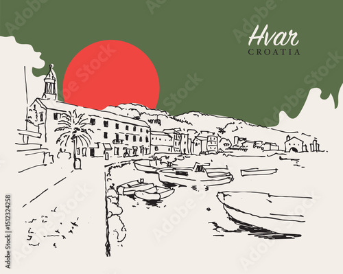 Drawing sketch illustration of Hvar, a island resort town in Croatia