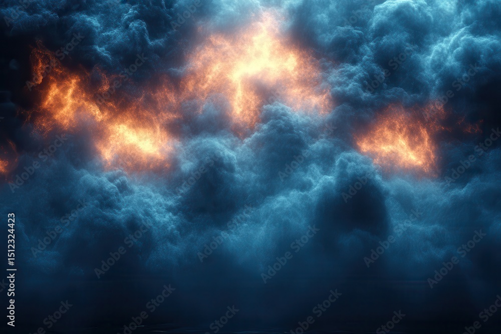 Dramatic cloud formation with bright flames illuminating a dark sky during a stormy night Dramatic cloud formation with bright flames illuminating a dark sky during a stormy night