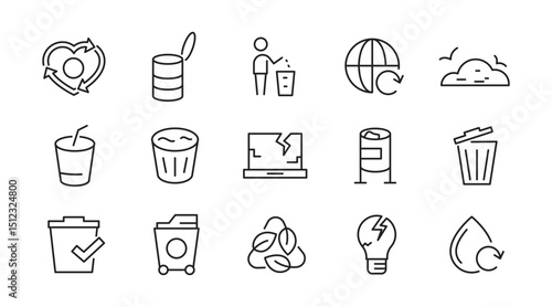 Waste and Recycling line icon set. Eco, save, reduce, reuse, plastic, glass, pollution, dump, refuse, bin, sweep, garbage disposal. trash separation line icon set. Ui thin line icon pack.