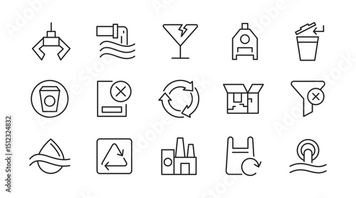 Waste and Recycling line icon set. Eco, save, reduce, reuse, plastic, glass, pollution, dump, refuse, bin, sweep, garbage disposal. trash separation line icon set. Ui thin line icon pack.