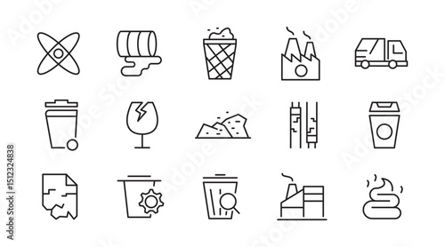 Waste and Recycling line icon set. Eco, save, reduce, reuse, plastic, glass, pollution, dump, refuse, bin, sweep, garbage disposal. trash separation line icon set. Ui thin line icon pack.