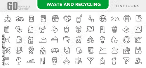 Waste and Recycling line icon set. Eco, save, reduce, reuse, plastic, glass, pollution, dump, refuse, bin, sweep, garbage disposal. trash separation line icon set. Ui thin line icon pack.