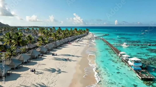 Tropical beach resort with wooden pier and turquoise sea Seamless looping 4k time - lapse virtual video animation background