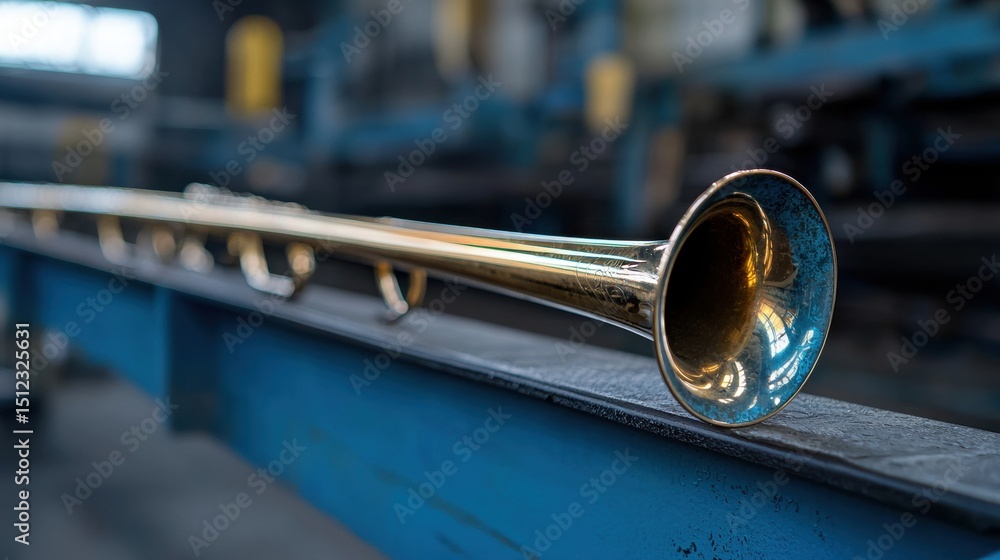 Fototapeta premium A shiny brass trumpet rests on a blue metal beam.