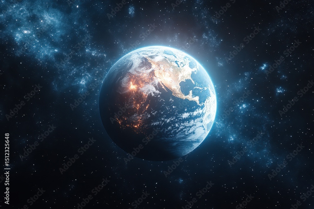 Obraz premium Vibrant view of Earth illuminated by cosmic light in the vastness of space