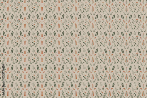 Seamless Floral Pattern Background with Leaves and Wildflowers. Vintage Nature Botanical Design