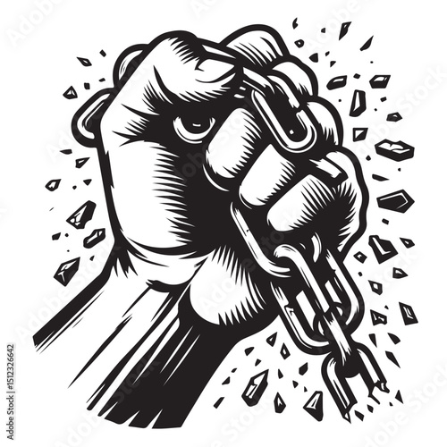 Powerfull hand breaks steel chains as a symbol of freedom vector illustration