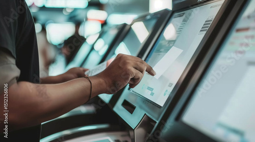 Passenger scanning boarding pass at airport self check-in kiosk, modern air travel technology, automated check-in process for flight departure, digital boarding pass scanning concept.
