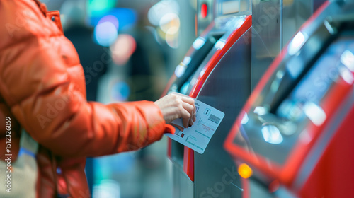 Passenger scanning boarding pass at airport self check-in kiosk, modern air travel technology, automated check-in process for flight departure, digital boarding pass scanning concept.