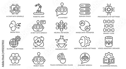 A collection of line icons depicting various AI concepts robots, chatbots, neural networks, chips, binary code, and more. Simple, modern style.