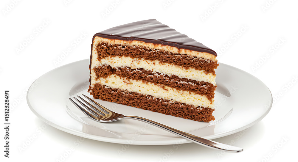 Prestígio cake slice with layers of chocolate and coconut cream filling, topped with chocolate ganache, presented on a white plate with dessert fork, isolated on white background Prestígio cake slice with layers of chocolate and coconut cream filling, topped with chocolate ganache, presented on a white plate with dessert fork, isolated on white background