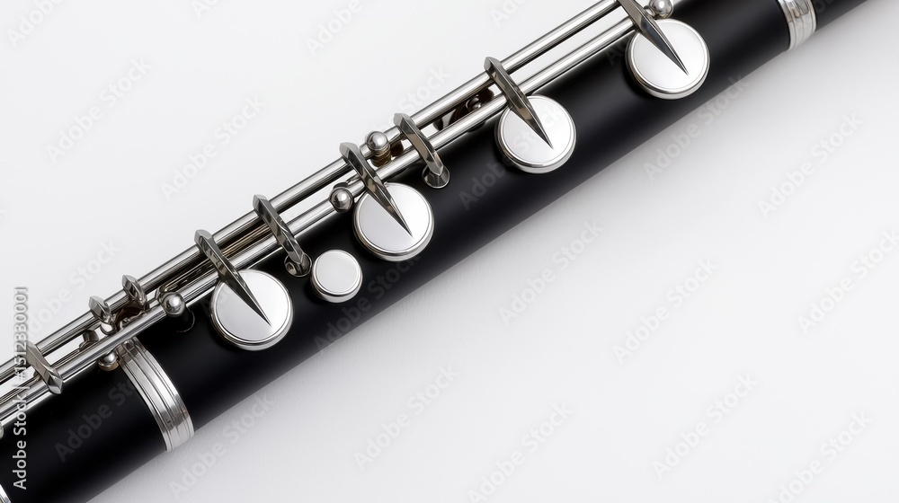 Naklejka premium A black clarinet with silver keys and a silver band.