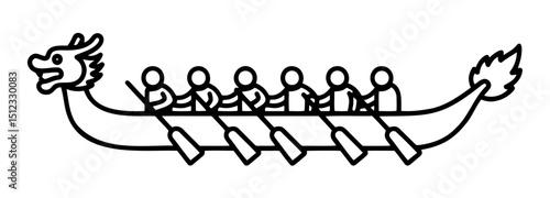 Dragon boat with rowers and dragon head in black outline, team racing illustration