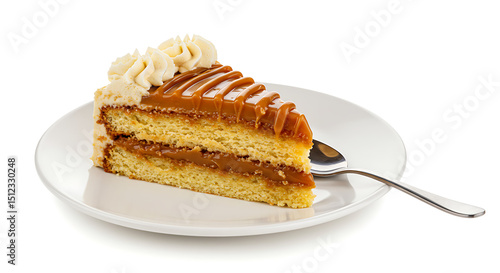 Wallpaper Mural Dulce de leche cake slice (bolo de doce de leite) with creamy caramel filling and frosting, presented on a plain white plate with spoon, isolated on white background, soft light, rich texture captured Torontodigital.ca