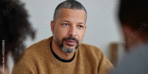 Portrait of a pensive middle aged man in thoughtful conversation