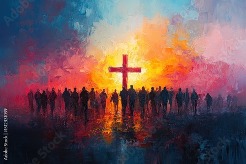 People gather at sunset to view a large cross illuminated against a vivid sky, symbolizing faith and community