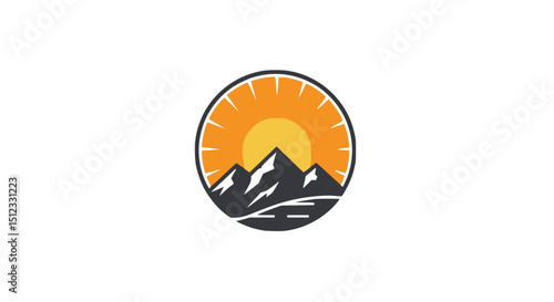 A picturesque logo showcasing mountains under a rising or setting sun