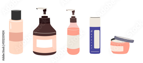 A set of cosmetics for skin and hair care. The container is a pump for shampoo, body gel, liquid soap, a jar for cream. A cosmetic bottle highlighted on a white background. Flat vector illustration.