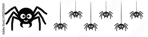 Eight playful cartoon spiders, including one large friendly spider and smaller ones dangling from threads, perfect for halloween and spooky themes.