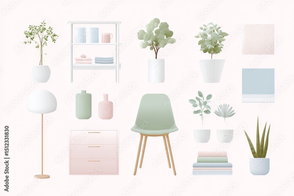 Fototapeta premium Minimalist interior decor elements: plants, furniture, and pastel accents