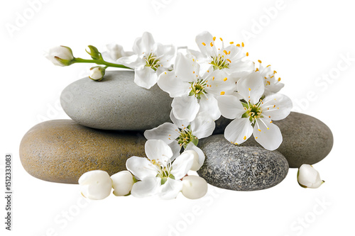 Serene spa scene with stones and blossoms