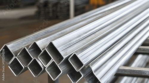 Closeup Stack of Square Metal Pipes Industrial Material