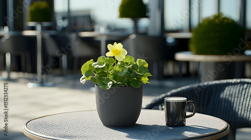Yellow Flower In Gray Pot On Outdoor Patio Table