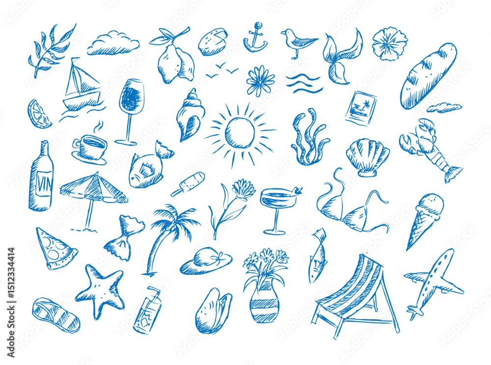 Set d’illustrations estivales dessinées au crayon – éléments de vacances faits main