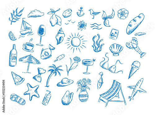 Set d’illustrations estivales dessinées au crayon – éléments de vacances faits main