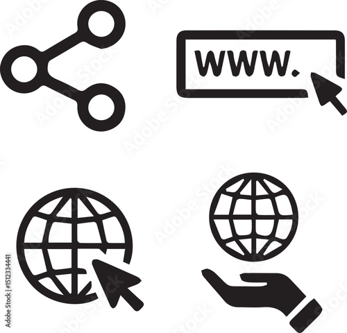 Global Connectivity: Modern, minimalist icons depict seamless online interaction and worldwide access, signifying communication and easy global reach.