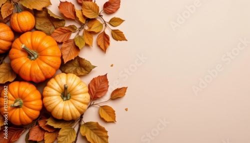 autumn scene with pumpkins and leaves on a light background, subject positioned on the right side with clear copy space on the left.