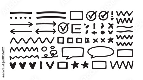 Hand-Drawn Scribble Doodle Design Elements Vector Set - Includes Arrows, Checkmarks, Underlines, Stars, Speech Bubbles, and Organic Shapes. Perfect for bullet points, annotations, and addin