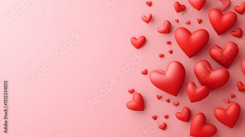 Romantic Pink Background with 3D Red Hearts
