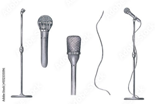 Watercolor two silver microphone types, stand, cable and complete setup illustration isolated background. Concert sound accessory in monochrome style for music studio branding, concert posters